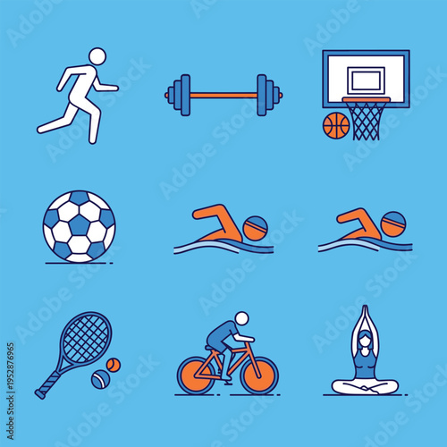 Collection of vibrant sports and fitness line icons representing various athletic activities, perfect for active lifestyle designs and health-focused content