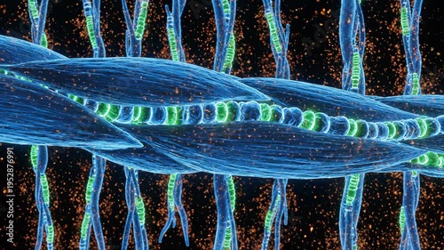Microscopic view of muscle fibers contracting and releasing energy particles