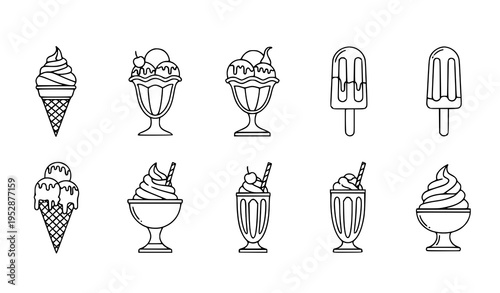A set of ten black and white line art illustrations of various ice cream treats including cones sundaes and popsicles