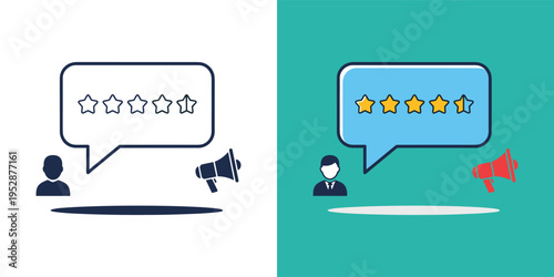 Illustrative icon set representing client satisfaction, five-star rating, and feedback with an announcement element for public awareness and online promotion