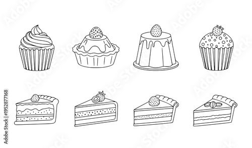 A set of eight different desserts including cupcakes and slices of cake in a simple line art style on a white background