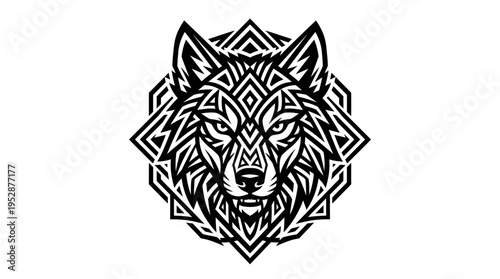 Intricate black and white wolf illustration with geometric patterns and sharp features