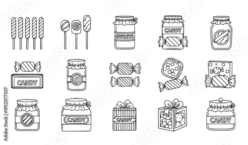 A vector graphic illustration of various candies and sweets in a flat line art style on a transparent background