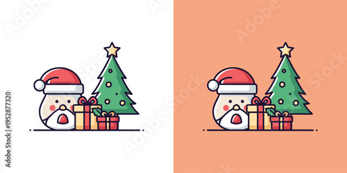 Adorable cartoon Santa Claus, festive Christmas tree, and neatly wrapped presents depicting holiday cheer, perfect for seasonal designs and joyful celebrations