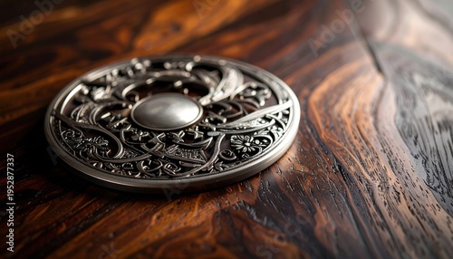 Intricate Celtic Metal Buckle Resting on Dark Wood Grain Surface