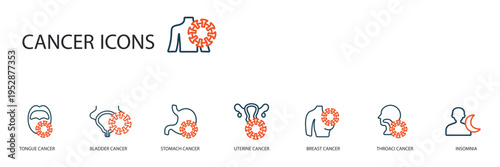 cancer icons set outline and Flat Style,transparent background