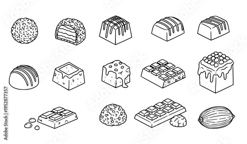 A set of black and white line art illustrations of various types of chocolates on a white background