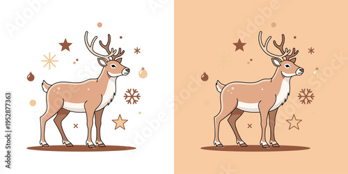 Charming festive reindeer illustration with winter holiday elements, featuring two versions on light backgrounds, perfect for Christmas greeting cards and seasonal designs