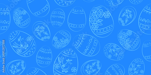 Seamless background for Easter. Contour drawings of various painted Easter eggs. Vector illustration. Line drawing of Easter eggs. Endless background