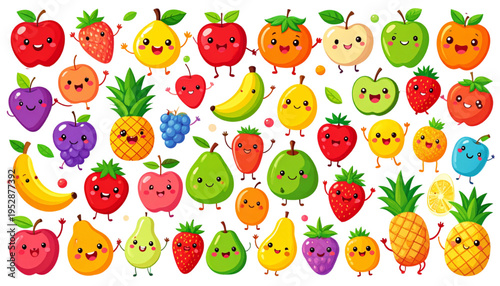 A collection of colorful and happy cartoon fruits with friendly smiling faces and cute expressions Vector