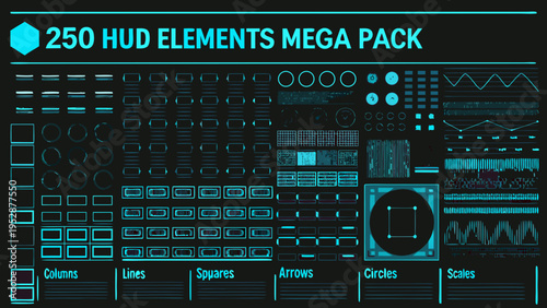 A collection of 250 hud elements in a mega pack displayed on a dark background