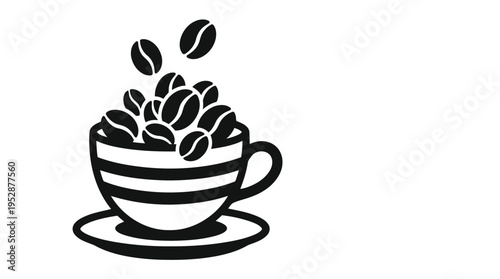 A black and white vector graphic of a coffee cup filled with coffee beans