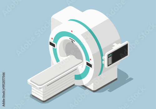 A modern medical imaging machine featuring a white and teal circular scanner stands ready with its patient table extended, accompanied by a sleek control panel against a serene, light blue background
