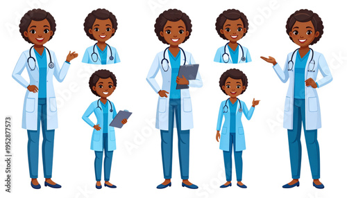 A collection of illustrations featuring a friendly female doctor in various poses and expressions Vector