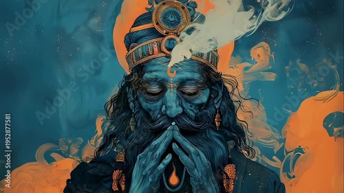 Indian deity shiva meditating while emitting holy energy. Spiritual blue god with third eye and incense smoke rising. Divine hindu mythological wisdom concept.