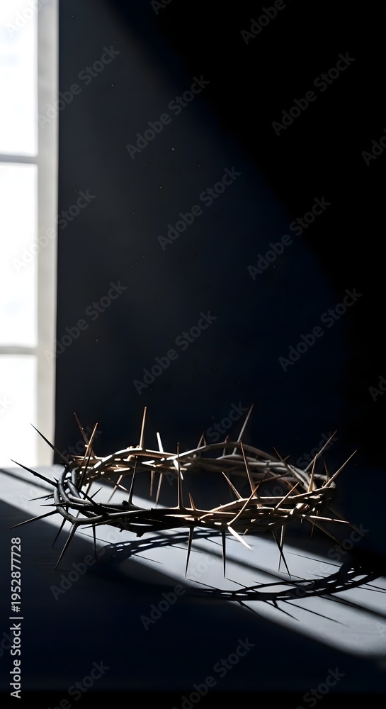 Fototapeta premium Crown of thorns on windowsill symbolizing sacrifice and faith on good friday representing christianity and easter