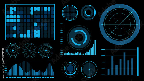 Futuristic interface elements displaying data and technological visualizations
