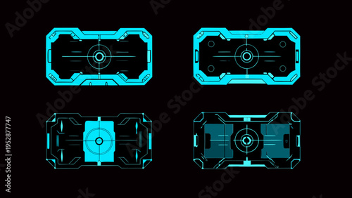 Futuristic user interface elements in cyan and black four variations