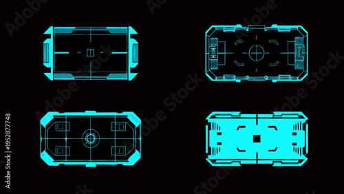 Four glowing turquoise geometric interface elements on a black background