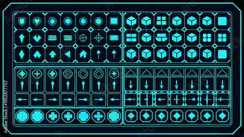 Neon blue grid of geometric and symbolic shapes in a dark background