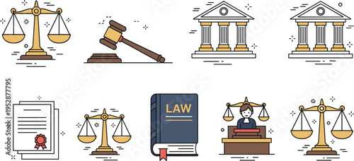 Law and justice icons vector set with scales gavel courthouse judge legal book and court system symbols illustration