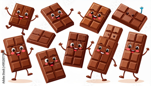 Set of cute chocolate bar characters with happy facial expressions and cartoon style limbs posing Vector