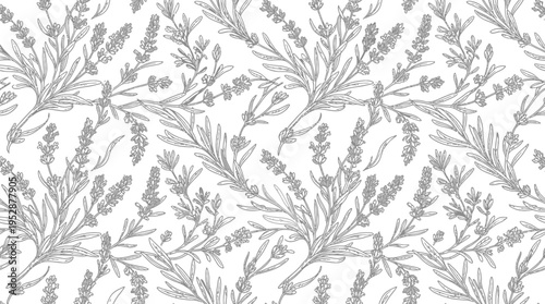Elegant floral pattern featuring lavender and greenery on a white background, suitable for textiles