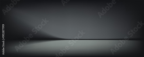 Black studio room. Limbo dark grey spotlight background. Abstract 3d backdrop for product presentation. Minimal wall scene. Showcase, promotion display. Vector stage mockup illustration