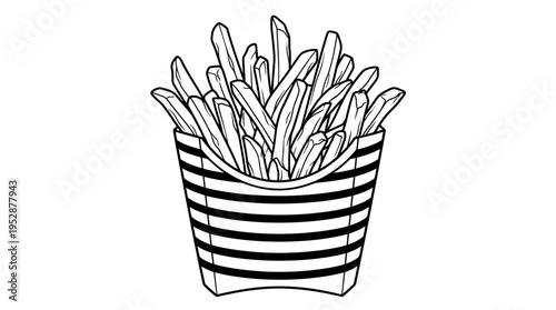 French fries in striped container.
