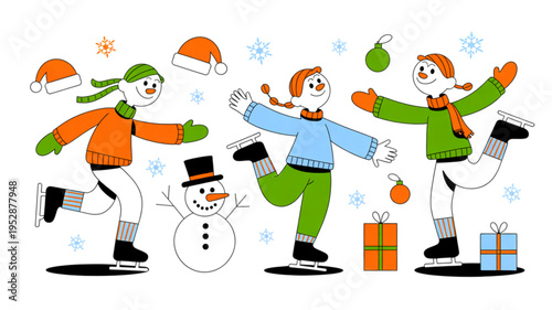Three happy stylized snowman characters ice skating together during the festive winter season Vector