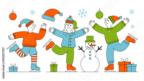 Three happy children ice skating together with a snowman and gifts during the winter holiday season Vector