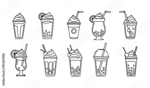 A set of ten black and white line art illustrations of various bubble tea and milkshake drinks with straws and toppings