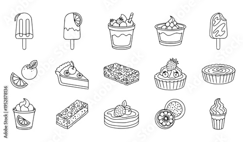 A vector graphic illustration of various desserts and sweet treats including cakes pies tarts muffins cupcakes and popsicles in a flat minimalist line art style on a white background