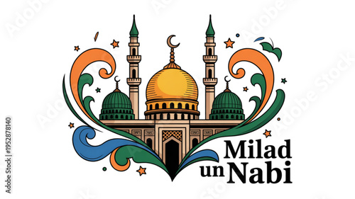 Decorative illustration featuring a mosque with golden domes to celebrate the milad un nabi event Vector