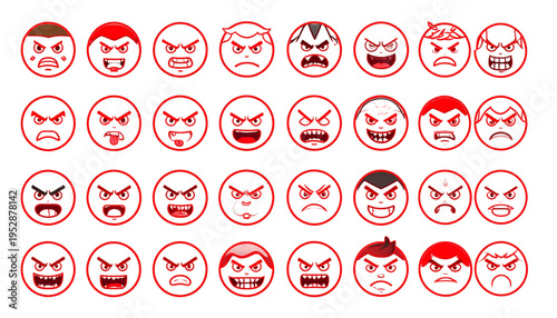 Collection of various circular red icons featuring angry and frustrated facial expressions for design Vector