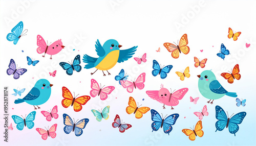 A whimsical illustration featuring colorful small birds surrounded by a swarm of vibrant butterflies Vector