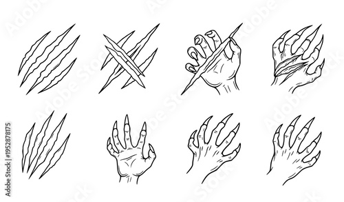 A vector graphic illustration of various claw and hand designs with sharp fingernails in a minimalist line art style on a white background