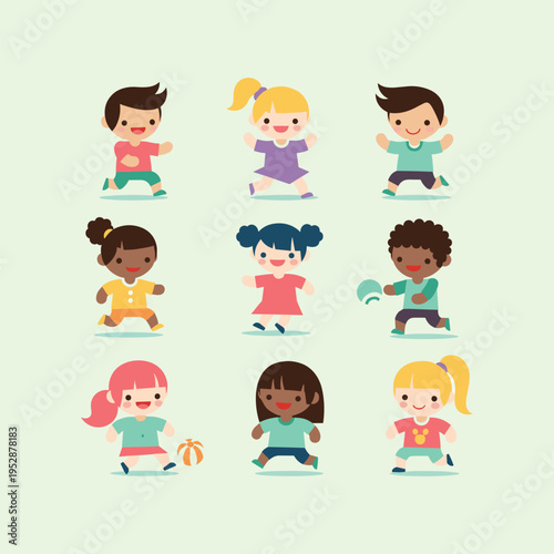 Set of diverse and energetic cartoon children happily playing, running, and jumping, illustrating childhood joy, active imagination, and youthful happiness in a vibrant collection