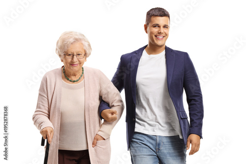 Man helping an elderly lady