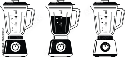 Detailed black and white line art illustration of three electric kitchen blenders with different liquid levels isolated on white background for appliance design.