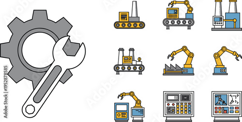 Industrial automation and robotics icon set including robotic arm conveyor control panel gear wrench vector illustration isolated factory design collection