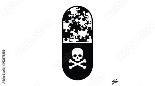A black and white illustration of a pill with a puzzle and skull