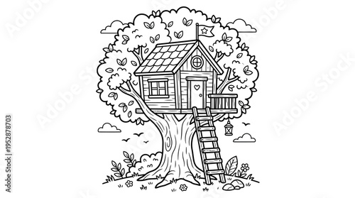 Treehouse with ladder and roof windows.