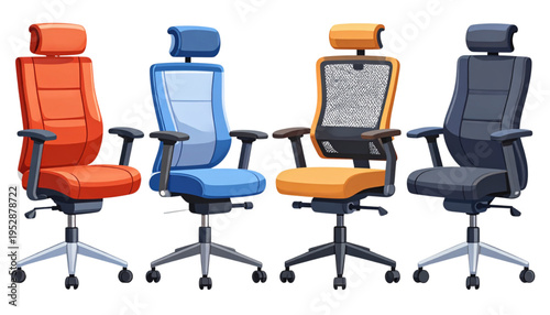 A collection of four ergonomic office chairs in various colors including orange blue and dark grey Vector