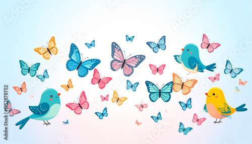 A vibrant collection of colorful butterflies fluttering around three cute cartoon style songbirds Vector