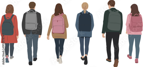 Illustration of diverse people walking with backpacks in casual clothing, symbolizing students, commuters, teamwork, daily routine, education, lifestyle, and modern group movement concept.