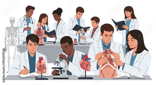 A clean, illustrative image depicting a medical professional studying a skeletal anatomy diagram. Ideal for healthcare content, educational materials,