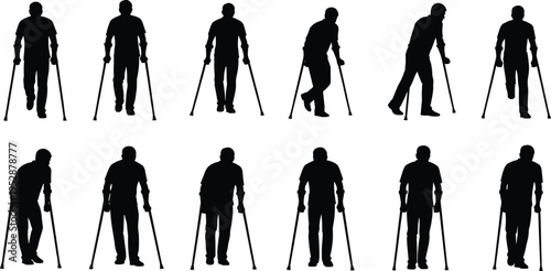 Man on crutches silhouette set featuring injured person walking for medical rehabilitation, disability accessibility, physical therapy, and healthcare recovery icons.
