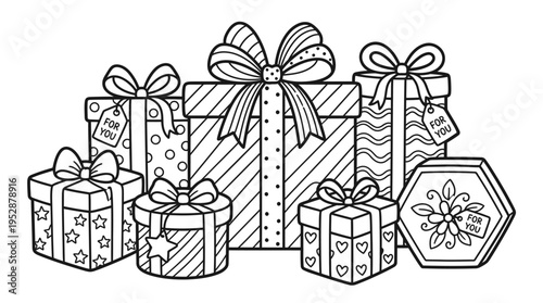 Colorful wrapped presents with ribbons bows.