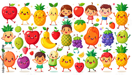 A collection of cute cartoon fruits and happy children characters showing diverse healthy snacks Vector